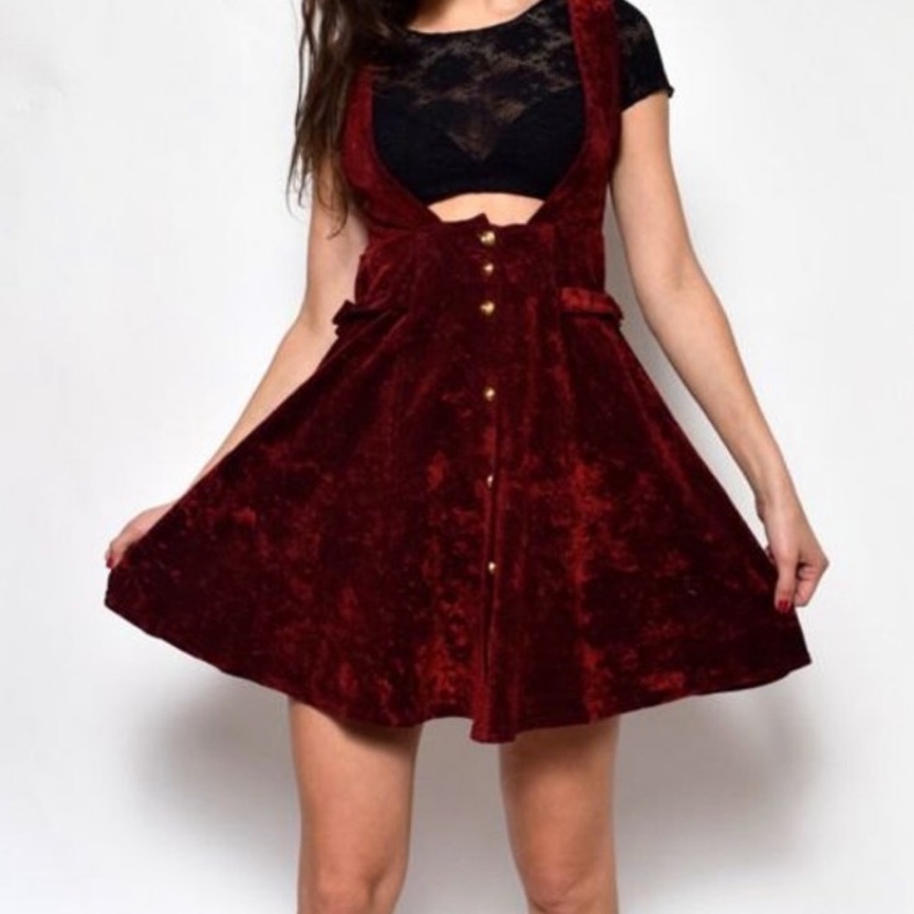 Burgundy velvet jumper dress overalls